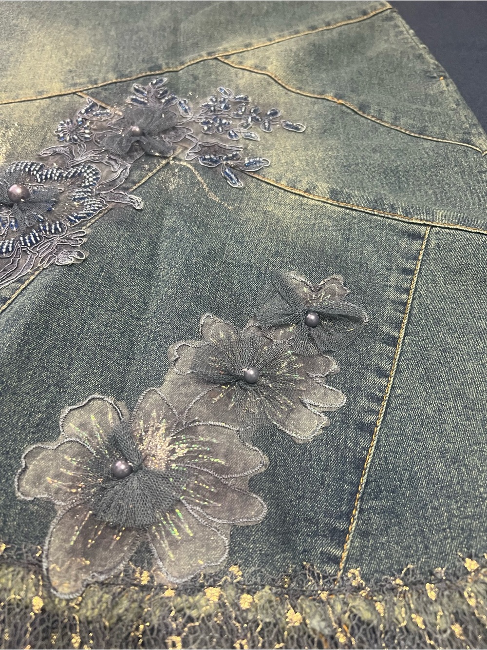 Y2K Beaded Denim Midi Skirt w/Lace Ruffle & Floral Embroidery Boho Whimsy - Picture 8 of 14